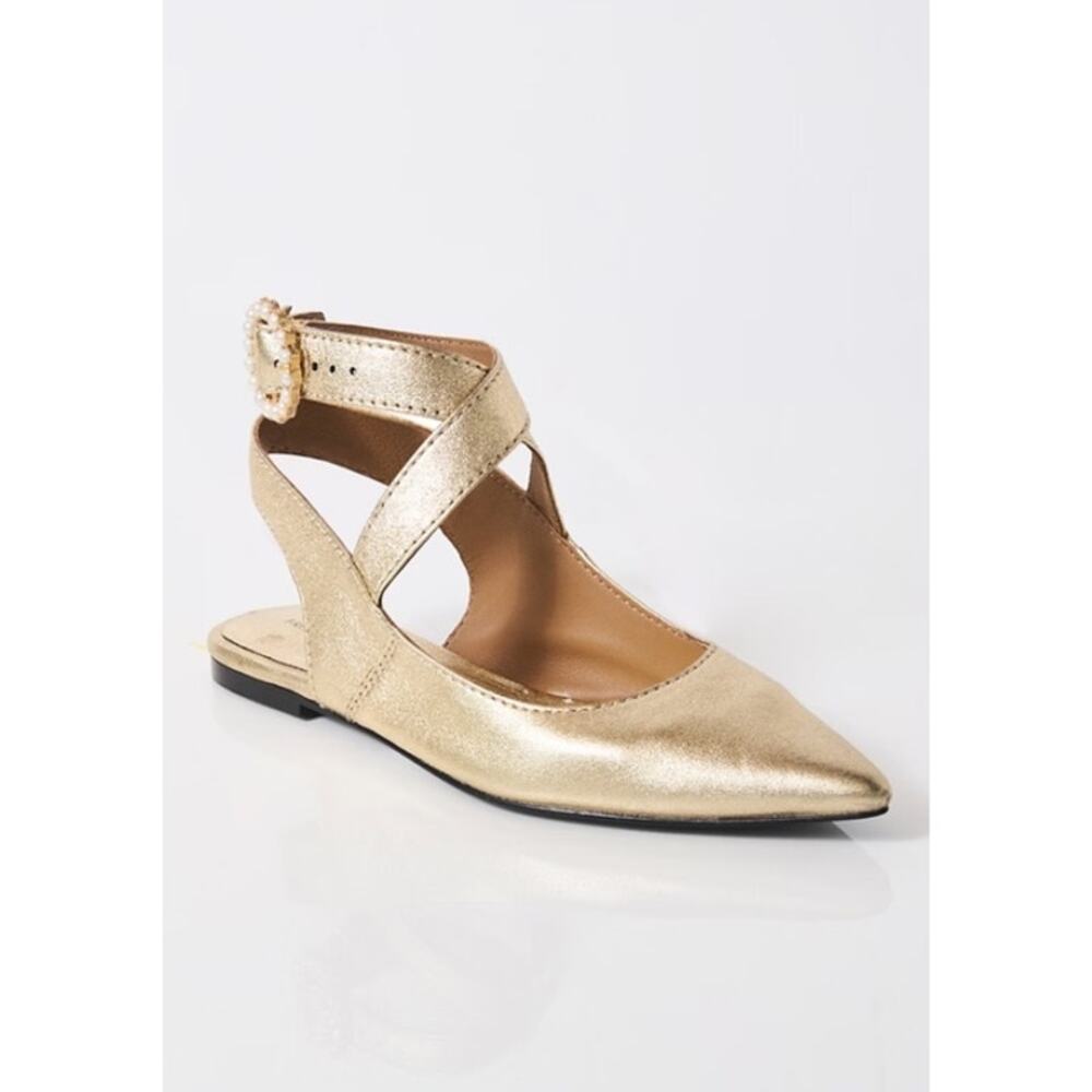 Free People Gold Metallic Pointed Toe Flats Pearl Buckle Strap Size 7 - Picture 4 of 10